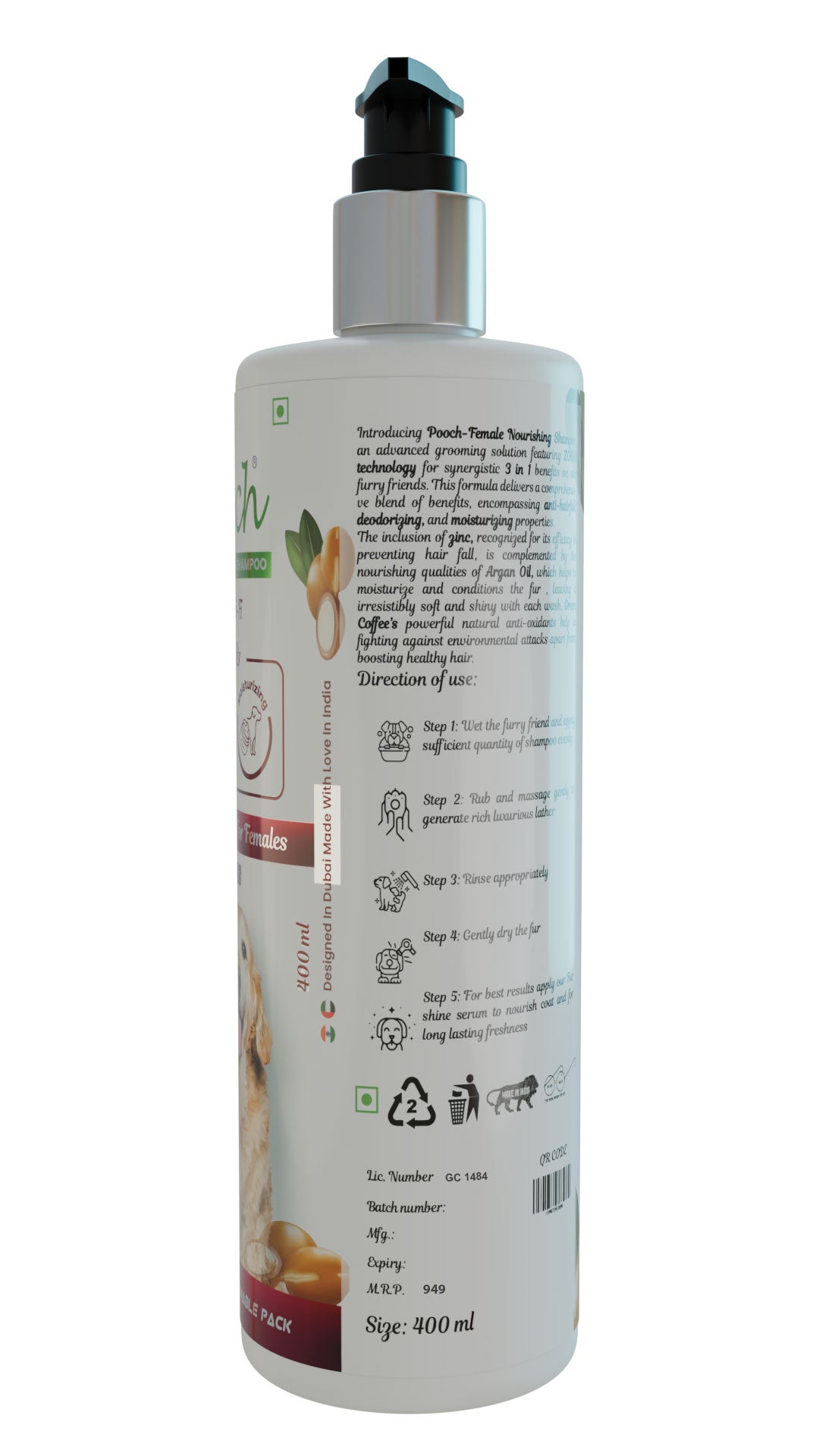 Pooch Premium Nourishing Shampoo for female Dogs|Cats| Designed in Dubai| Naturally Sci-Fi 3 in 1| All breeds |400ml