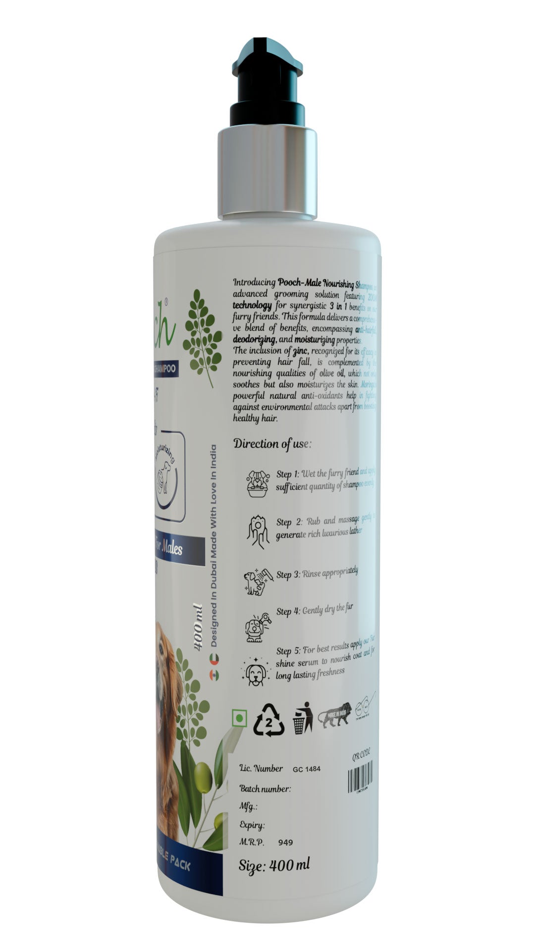 Pooch Premium Refreshing Shampoo for Male Dogs|Cats| Naturally Sci-Fi 3 in 1 | 400ml| ZOOM Tech|ALL Breeds