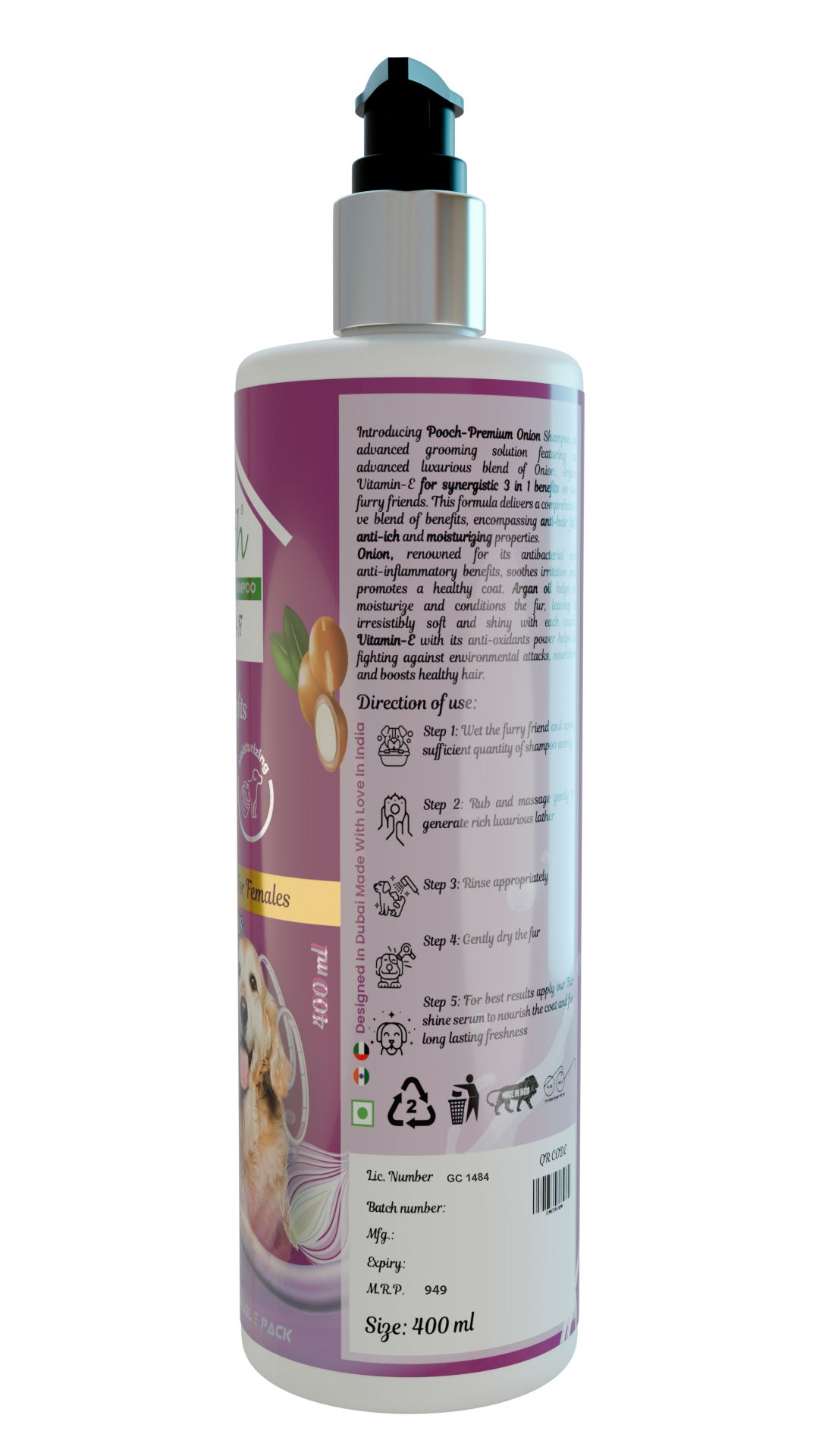 POOCH Premium Onion Shampoo for Female Dogs|Cats| Designed in Dubai |All breeds| 400ml
