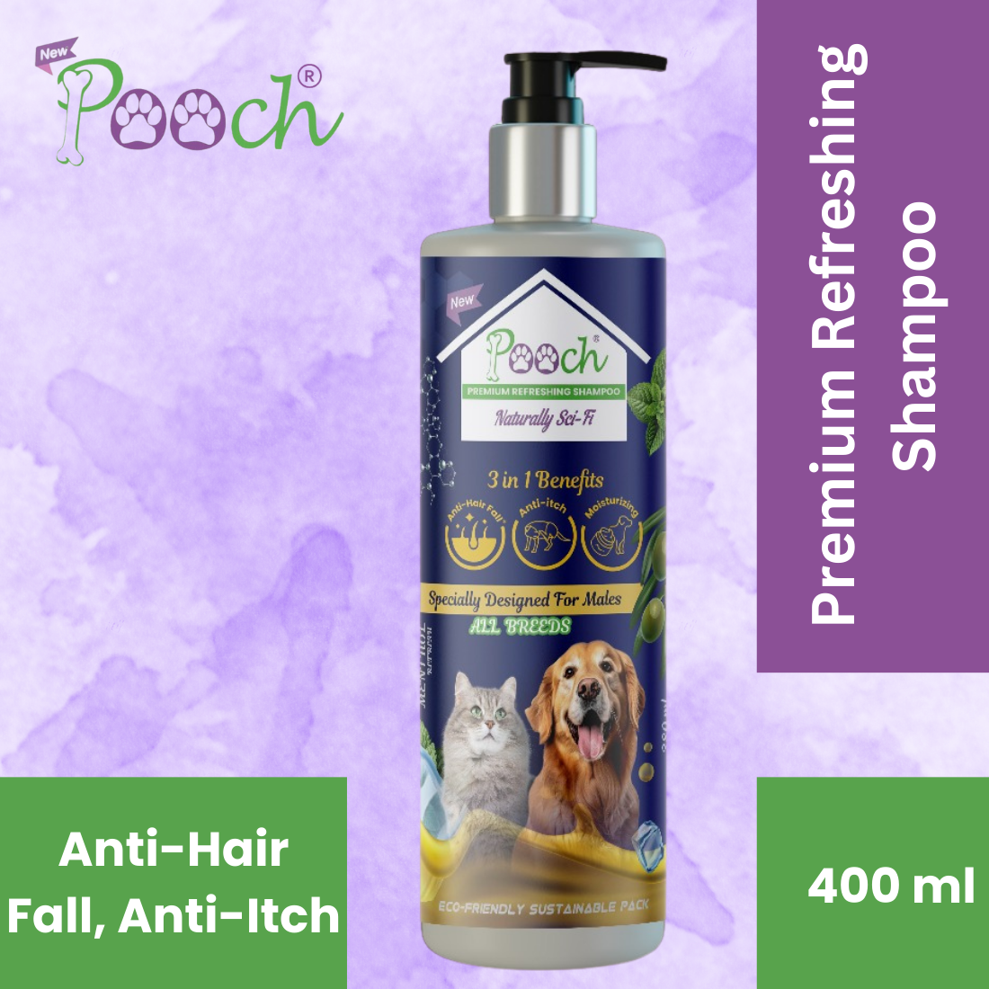 Pooch Premium Refreshing Shampoo for Male Dogs|Cats| Naturally Sci-Fi 3 in 1 | 400ml| ZOOM Tech|ALL Breeds