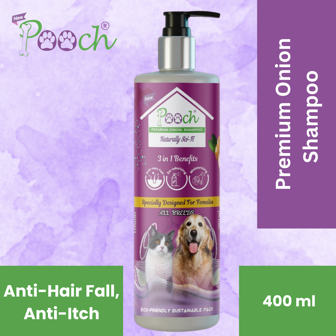 POOCH Premium Onion Shampoo for Female Dogs|Cats| Designed in Dubai |All breeds| 400ml